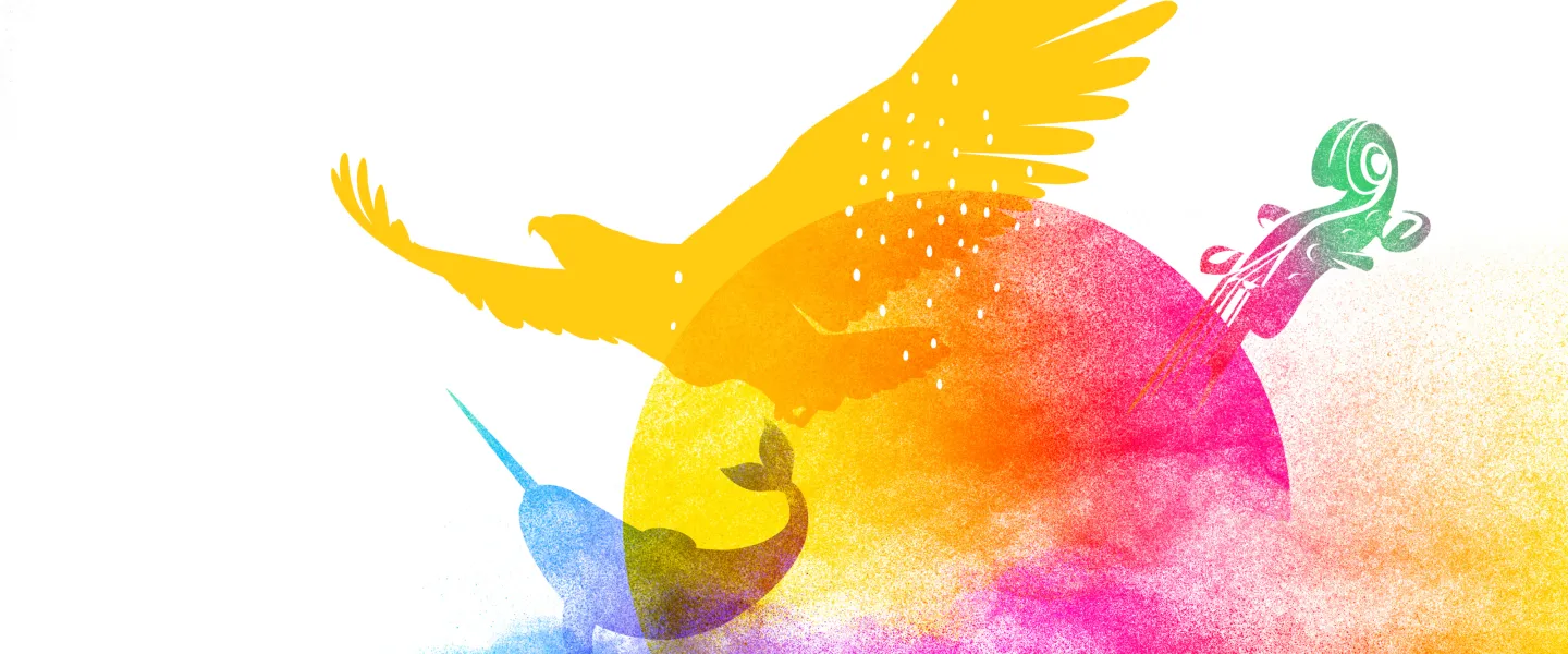 A multicoloured array of an eagle, narwal and violin surrouning a sun